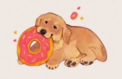 :3 animal animal_focus black_eyes commentary dog doughnut english_commentary food golden_retriever highres holding holding_food icing kaigen looking_at_viewer mouth_hold no_humans original pawpads puppy simple_background smile sprinkles star_(symbol) tail white_background