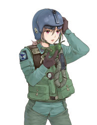 Rule 34 | 1girl, black gloves, brown hair, chin strap, cowboy shot, earrings, flashlight, gloves, hair between eyes, hand on headwear, helmet, highres, jewelry, military, original, oxygen mask, patch, pilot, pilot suit, short hair, shoulder patch, solo, takato15 c, vest, white background