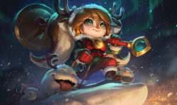 Rule 34 | 1girl, alternate hair color, bell, boots, bow, christmas, fang, horns, league of legends, long hair, official art, pointy ears, poppy (league of legends), ribbon, snow, twintails, yordle