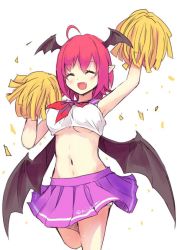 Rule 34 | 1girl, :d, ^ ^, ahoge, alternate costume, alternate hair length, alternate hairstyle, arm up, bat wings, breasts, cheerleader, closed eyes, culter, fang, head wings, koakuma, leg up, low wings, midriff, navel, open mouth, pointy ears, pom pom (cheerleading), red hair, sailor collar, shirt, short hair, simple background, skirt, smile, solo, standing, standing on one leg, touhou, underboob, white background, wings