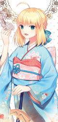 Rule 34 | 1girl, :d, ahoge, alternate costume, artoria pendragon (all), artoria pendragon (fate), blonde hair, blue bow, blue kimono, blue ribbon, bow, caliburn (fate), colored eyelashes, fate/stay night, fate (series), floral print, flower, green eyes, hair bow, holding, holding sword, holding weapon, japanese clothes, karinzero, kimono, long sleeves, looking at viewer, obi, open mouth, polka dot, polka dot background, ribbon, saber (fate), sash, short hair, smile, solo, sword, upper body, weapon, wide sleeves