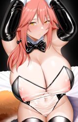 Rule 34 | 1girl, animal ears, arind yudha, arm up, bare shoulders, black leotard, black sleeves, black thighhighs, bow, bowtie, breasts, cleavage, covered erect nipples, detached collar, detached sleeves, fate/extra, fate/grand order, fate (series), fox ears, fox girl, fox tail, gloves, hair between eyes, highleg, highleg leotard, highres, large breasts, leotard, long hair, looking at viewer, meme attire, nipple slip, nipples, pink hair, see-through, see-through leotard, sidelocks, sitting, smile, solo, tail, tamamo (fate), tamamo no mae (fate/extra), thighhighs, translucent bunnysuit, two-tone leotard, white gloves, yellow eyes