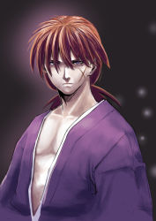 Rule 34 | 1boy, brown hair, closed mouth, grey eyes, hair between eyes, himura kenshin, ishii hisao, japanese clothes, light frown, long hair, looking at viewer, male focus, ponytail, rurouni kenshin, topless male, solo, upper body