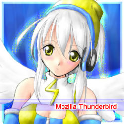 Rule 34 | 1girl, bare shoulders, blush, border, breasts, character name, cleavage, detached sleeves, fur trim, green eyes, hair between eyes, hat, head tilt, headphones, lowres, medium breasts, mozilla (character), mozilla thunderbird, os-tan, outside border, short hair, simple background, solo, thunderbird-tan, upper body, white border, white hair, wings, yellow eyes, yellow hat, zipper
