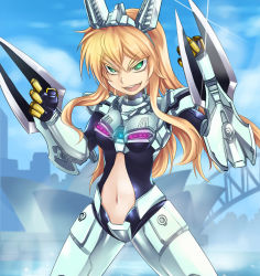 Rule 34 | 1girl, 4.211 brass knuckles, arm blade, assault mount 3.25 sting-blades, australia, blonde hair, brass knuckles, bridge, clothing cutout, dos (james30226), green eyes, headgear, jaeger (pacific rim), legendary pictures, long hair, mecha musume, navel, navel cutout, pacific rim, pan pacific defense corps, personification, real world location, solo, striker eureka, sydney, sydney (city), sydney opera house, weapon, wrist blades