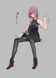 Rule 34 | 1girl, absurdres, ankle boots, black legwear, blush, boots, clothes lift, collared shirt, fate/grand order, fate (series), female focus, full body, glasses, hand gesture, highres, jikatarou, lifted by self, looking at viewer, mash kyrielight, money gesture, necktie, pleated skirt, purple eyes, purple hair, red neckwear, shirt, short hair, simple background, single bare shoulder, skirt, skirt lift, solo, steam, translation request, wing collar