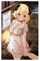Rule 34 | 1boy, 1girl, ahoge, alternate costume, bag, beige dress, blonde hair, blush, border, bow, bracelet, breasts, buttons, choker, collarbone, commentary request, curled horns, dress, ex idol, hair ornament, hairclip, handbag, highres, holding hands, hololive, horns, jewelry, large breasts, lens flare, long hair, looking to the side, love hotel, night, out of frame, parted lips, pink bag, pov, pov hands, purple eyes, red choker, ribbon choker, see-through, sheep girl, sheep horns, short sleeves, solo focus, stone floor, tsunomaki watame, tsunomaki watame (street casual), twitter username, two-tone dress, virtual youtuber, white border, white bow, white dress, yen sign