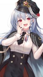 Rule 34 | 1girl, absurdres, blue archive, braid, breasts, commentary request, hair between eyes, haruna (blue archive), hat, highres, jacket, looking at viewer, necktie, open mouth, peaked cap, red eyes, side braid, silver hair, simple background, solo, sukemyon, uniform, white background