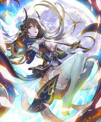 Rule 34 | 1girl, ;p, breasts, brick (atelier brick), brown hair, capelet, cleavage, fantasy, flower, garter straps, hair flower, hair ornament, horns, long hair, moon, one eye closed, original, panties, shingoku no valhalla gate, solo, sword, thighhighs, tongue, tongue out, underwear, weapon, white thighhighs, yellow eyes