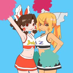 Rule 34 | 2girls, @ @, alternate costume, armpits, arms up, benikurage (cookie), black skirt, blonde hair, bow, breasts, brown hair, cheerleader, closed mouth, clothes writing, commentary request, cookie (touhou), cowboy shot, crop top, facial mark, frilled bow, frilled hair tubes, frills, green eyes, hair bow, hair tubes, hakurei reimu, highres, kirisame marisa, long hair, looking at viewer, mars (cookie), medium breasts, medium hair, multiple girls, open mouth, parted bangs, pom pom (cheerleading), ponytail, red bow, red eyes, red skirt, scotch (cookie), simple background, skirt, small breasts, smile, touhou, wavy mouth, whisker markings, white bow