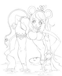 Rule 34 | animal ears, belt over, bent over, breasts, greyscale, large breasts, long hair, monochrome, mouse ears, mouse tail, scarf, solo, tail, thighhighs, tsuutenkaaku, water