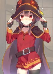 Rule 34 | 1girl, absurdres, belt, belt buckle, black belt, black cape, black gloves, black hat, black thighhighs, blush, brick wall, buckle, cape, collarbone, commentary request, dress, fingerless gloves, flying sweatdrops, gloves, hands on headwear, hands up, hat, highres, kono subarashii sekai ni shukufuku wo!, looking at viewer, megumin, parted lips, red dress, red eyes, single thighhigh, solo, thighhighs, tomozero, wavy mouth, witch hat
