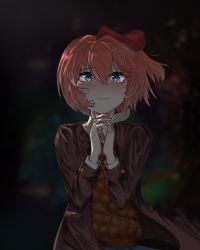 Rule 34 | 1girl, blazer, blue eyes, bow, brown jacket, crying, crying with eyes open, dark, doki doki literature club, hair bow, hands up, highres, jacket, nnoon, open clothes, open jacket, orange sweater vest, own hands together, pink hair, red bow, sailor collar, sayori (doki doki literature club), school uniform, short hair, solo, sweater vest, tears, wind