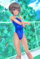 Rule 34 | 1girl, absurdres, ahoge, black hair, blue eyes, blue one-piece swimsuit, blue sky, breasts, chain-link fence, cloud, competition swimsuit, dark-skinned female, dark skin, day, feet out of frame, fence, highleg, highleg swimsuit, highres, one-piece swimsuit, original, outdoors, short hair, sky, small breasts, smile, solo, swimsuit, yonesuke (yonesukesuke)
