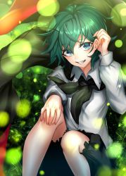 Rule 34 | 1girl, absurdres, antennae, bad id, bad twitter id, bifrst, black cape, black shorts, blue eyes, blush, cape, earrings, fireflies, green hair, grin, tucking hair, highres, jewelry, long sleeves, looking at viewer, plant, puffy long sleeves, puffy sleeves, shirt, short hair, shorts, sitting, smile, solo, touhou, white shirt, wriggle nightbug
