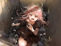 Rule 34 | 1girl, ahoge, bare legs, black shirt, bone, fleeing, funi mu9, hololive, hololive english, long hair, looking at viewer, messy hair, mori calliope, off shoulder, open mouth, pink hair, red eyes, shirt, skeleton, skull, solo, stairs, torn clothes, virtual youtuber