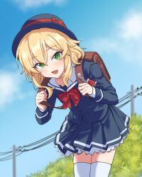 Rule 34 | 1girl, absurdres, backpack, bag, bean tan, blonde hair, blue hat, blue shirt, blue skirt, blue sky, bow, bowtie, brown bag, bush, buttons, cloud, commentary, crime prevention buzzer, day, dot nose, flat chest, green eyes, hair between eyes, hat, highres, holding strap, idolmaster, idolmaster cinderella girls, lace trim, light blush, long sleeves, looking at viewer, medium hair, open mouth, outdoors, pleated skirt, red bow, red bowtie, ribbed hat, sailor collar, sakurai momoka, school uniform, shirt, sidelocks, skirt, sky, smile, solo, thighhighs, thighs, wavy hair, white sailor collar, white thighhighs, zettai ryouiki