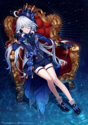 Rule 34 | 1girl, absurdres, ahoge, armchair, ascot, asymmetrical gloves, bare legs, black ascot, black footwear, black gloves, black shorts, blue bow, blue brooch, blue eyes, blue hair, blue hat, blue jacket, blue sash, bow, brooch, chair, commentary, drop-shaped pupils, furina (genshin impact), genshin impact, gloves, hair between eyes, hair over one eye, hat, helloimtea, highres, jacket, jewelry, long hair, long sleeves, looking at viewer, mismatched gloves, mismatched pupils, sash, shoes, short shorts, shorts, sitting, socks, solo, sparkle, symbol-shaped pupils, thigh strap, thighs, top hat, very long hair, water, white gloves, white hair, white socks, white trim bow