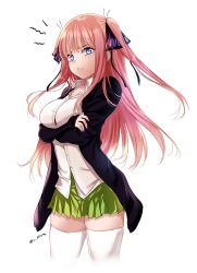 Rule 34 | 1girl, black bow, black cardigan, black ribbon, blue eyes, bow, breast hold, breasts, cardigan, collarbone, collared shirt, cropped legs, crossed arms, dress shirt, floating hair, go-toubun no hanayome, green skirt, hair bow, hair ribbon, highres, long hair, long sleeves, looking at viewer, medium breasts, miniskirt, nakano nino, open cardigan, open clothes, parted lips, pink hair, pleated skirt, ribbon, school uniform, shirt, simple background, skindentation, skirt, solo, standing, thighhighs, twintails, twitter username, very long hair, white background, white shirt, white thighhighs, wing collar, zasshu, zettai ryouiki