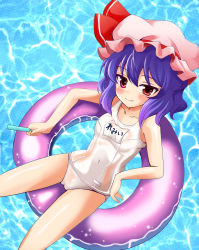 Rule 34 | 1girl, blue hair, cameltoe, cleft of venus, female focus, food, hat, highres, innertube, one-piece swimsuit, popsicle, red eyes, remilia scarlet, saipin, school swimsuit, see-through, solo, swim ring, swimsuit, touhou, white one-piece swimsuit, white school swimsuit