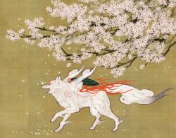 Rule 34 | amaterasu (ookami), cherry blossoms, fine art parody, fire, ine (namichidori), nihonga, no humans, ookami (game), painting (medium), parody, petals, simple background, tail, traditional media, watercolor (medium), wings, wolf
