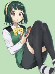 Rule 34 | 1girl, blush, bow, bowtie, green background, green hair, hairband, highres, idolmaster, idolmaster (classic), knees up, long sleeves, looking at viewer, mole, mole under mouth, open mouth, otonashi kotori, pencil skirt, red eyes, sandals, shirt, short hair, shuucream (syuichi), simple background, sitting, skirt, solo, stuffed animal, stuffed toy, teddy bear, thighhighs, vest, white footwear, white shirt, yellow bow, yellow bowtie