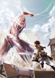 Rule 34 | 2boys, action, battle, brown hair, city, clenched teeth, cloud, colossal titan, day, destruction, dual wielding, eren yeager, giant, giant monster, glowing, glowing eyes, highres, holding, kaijuu, military, military uniform, monster, multiple boys, muscular, nude, shingeki no kyojin, short hair, size difference, sky, steam, sword, teeth, three-dimensional maneuver gear, tienao, titan (shingeki no kyojin), uniform, wall, weapon