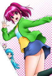 Rule 34 | 10s, 2girls, :3, :d, aino megumi, blue eyes, blue hair, bow, casual, denim, denim skirt, dress, eyebrows, eyelashes, gradient background, green jacket, happinesscharge precure!, happy, jacket, long hair, looking at viewer, mattsua, multiple girls, open mouth, peeking out, pink background, pink bow, pink eyes, pink hair, polka dot, polka dot background, ponytail, precure, ribbon (happinesscharge precure!), shirayuki hime, shirt, skirt, smile, socks, stalking, white background
