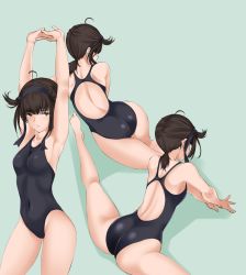 Rule 34 | 1girl, alternate costume, armpits, arms up, ass, bad id, bad pixiv id, black one-piece swimsuit, blue background, breasts, brown hair, competition swimsuit, covered navel, hachimaki, hair flaps, hatsuzuki (kancolle), headband, highleg, highleg swimsuit, highres, kantai collection, low ponytail, nn tasu, one-piece swimsuit, short hair, short ponytail, simple background, small breasts, split, stretching, swimsuit, yellow eyes