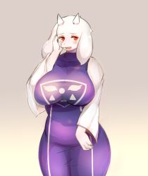 Rule 34 | artist request, bad id, bad pixiv id, body fur, cowboy shot, furry, furry female, goat, open mouth, red eyes, simple background, snout, solo, toriel, undertale