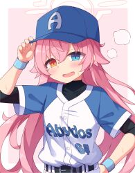 Rule 34 | 1girl, alternate costume, baseball cap, baseball uniform, belt, black belt, blue archive, blue eyes, blue hat, blue wristband, blush, commentary request, crossed bangs, fang, hair between eyes, halo, hat, heterochromia, highres, hoshino (blue archive), layered sleeves, long hair, open mouth, pink hair, pink halo, shinopoko, shirt, short sleeves, solo, sportswear, upper body, wide sleeves, wristband, yellow eyes