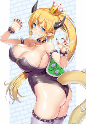 Rule 34 | 1girl, armlet, armpits, ass, back, bare shoulders, black leotard, blonde hair, blue eyes, borrowed character, bowsette, bracelet, breasts, cleavage, collar, collarbone, crown, curvy, earrings, grin, highres, hip focus, horns, jewelry, large breasts, legs, leotard, looking at viewer, looking back, mario (series), new super mario bros. u deluxe, nintendo, pointy ears, ponytail, sharp teeth, smile, solo, spiked anklet, spiked armlet, spiked bracelet, spiked collar, spiked shell, spiked tail, spikes, super crown, tail, teeth, thick thighs, thighs, wide hips