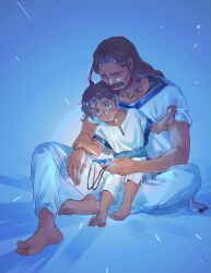 Rule 34 | 2boys, age difference, aged down, barefoot, beard, blue background, blue eyes, blue gemstone, blue sash, blue shirt, blush, brown hair, child, collarbone, commentary, dark-skinned male, dark skin, earrings, facial hair, father and son, feet, full body, fushigi no umi no nadia, gem, gradient background, hair intakes, hand on another&#039;s arm, highres, holding, holding jewelry, holding necklace, indian style, jewelry, knee up, long hair, looking at another, looking at object, looking down, male focus, mikomoto akira, multiple boys, muscular, muscular male, mustache, necklace, nemo (nadia), on ground, pants, parted bangs, parted lips, pendant, ring, sash, shirt, shirt grab, short sleeves, sitting, sitting on lap, sitting on person, spoilers, toes, tunic, two-tone shirt, white pants, white shirt, white tunic, wide-eyed