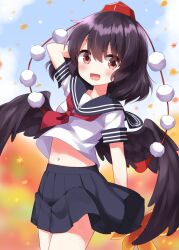 Rule 34 | 1girl, :d, autumn leaves, bird wings, black hair, black wings, blue sailor collar, blue skirt, brown eyes, commentary request, cowboy shot, feathered wings, hand fan, hat, hauchiwa, highres, holding, holding fan, light blush, medium hair, midriff, navel, neckerchief, open mouth, outdoors, pleated skirt, pom pom (clothes), red hat, red neckerchief, ruu (tksymkw), sailor collar, school uniform, serafuku, shameimaru aya, shirt, short sleeves, skirt, smile, solo, tassel, tokin hat, touhou, white shirt, wings