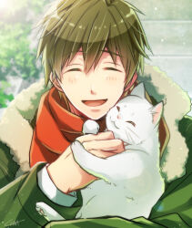 Rule 34 | 1boy, animal, arm up, blush, cat, closed eyes, coat, commentary, curled fingers, free!, fur-trimmed coat, fur trim, green coat, happy, holding, holding animal, holding cat, layered sleeves, male focus, nanaki tsubasa, open mouth, pawpads, petting, plant, red scarf, scarf, solo, stone wall, straight-on, tachibana makoto, tongue, upper body, whiskers, white cat, white fur