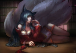 Rule 34 | 1girl, ahri (league of legends), animal ears, blue eyes, blue hair, breasts, caviar (lunar sama), cleavage, detached sleeves, fox ears, fox tail, hand to own mouth, highres, korean clothes, league of legends, lips, long hair, looking at viewer, lying, matching hair/eyes, miniskirt, multiple tails, off shoulder, on side, parted lips, skirt, solo, tail, wooden floor, yellow eyes