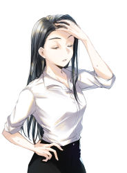 Rule 34 | 1girl, arm up, black hair, black pants, closed eyes, collared shirt, commentary request, cowboy shot, dress shirt, hair behind ear, hand on own hip, hand on own head, highres, long hair, pants, parted bangs, parted lips, ruffling hair, shirt, shirt tucked in, short sleeves, shoujo kageki revue starlight, sidelocks, simple background, sleeves past elbows, sleeves pushed up, solo, standing, sweat, tareko, white background, white shirt, yakumo kyouko