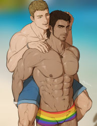 Rule 34 | 2boys, abs, artist name, bara, beard, black hair, blonde hair, blue eyes, blue male swimwear, blue swim trunks, blurry, blurry background, bracelet, brown eyes, couple, dark-skinned male, dark skin, facial hair, highres, hug, hydaria, jewelry, large pectorals, lgbt pride, lifting person, male focus, male swimwear, manly, mature male, multicolored male swimwear, multicolored swim briefs, multiple boys, muscular, muscular male, necklace, nipples, ocean, original, pectorals, print male swimwear, print swim briefs, rainbow order, short hair, smile, striped, striped male swimwear, striped swim briefs, swim briefs, swim trunks, swimsuit, teeth, thick arms, thick eyebrows, thick thighs, thighs, tongue, topless male
