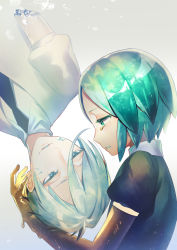 Rule 34 | 2others, amputee, androgynous, antarcticite, asagi yuna, bad id, bad pixiv id, black shirt, blue eyes, green eyes, green hair, highres, houseki no kuni, multiple others, other focus, parted lips, phosphophyllite, profile, revision, sad, shirt, short sleeves, sidelocks, silver hair, spoilers, tears, white shirt