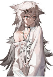 Rule 34 | 1girl, absurdres, alternate costume, arknights, black choker, chain necklace, choker, clothes writing, drawstring, expressionless, hair ornament, hairclip, highres, hood, hoodie, jewelry, lappland (arknights), long hair, long sleeves, looking at viewer, messy hair, necklace, off shoulder, parted lips, rui (woyoudabing rui), scar, scar across eye, simple background, single bare shoulder, single off shoulder, solo, upper body, variant set, white background, white eyes, white hair, white hoodie
