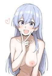 Rule 34 | 1girl, blue hair, blush, breasts, collarbone, completely nude, hair between eyes, hand up, highres, idolmaster, idolmaster shiny colors, large breasts, long hair, looking at viewer, navel, nipples, nude, open mouth, purple eyes, simple background, smile, solo, straight hair, suzuki hana, upper body, v, v over mouth, white background, yororo