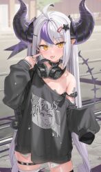 Rule 34 | 1girl, :p, ahoge, akanbe, alternate costume, bag, belt collar, black collar, black horns, black shirt, blush, character doll, character name, clothes writing, collar, commentary, cowboy shot, crow (la+ darknesss), day, demon girl, demon horns, ear piercing, eyelid pull, finger to cheek, grey hair, hair between eyes, hair ornament, hairclip, headphones, headphones around neck, highres, hololive, horns, jewelry, kanzarin, la+ darknesss, large horns, long hair, long shirt, long sleeves, looking at viewer, loose clothes, loose shirt, multicolored hair, outdoors, piercing, pointy ears, purple hair, ring, road, shirt, shoulder bag, sidewalk, single bare shoulder, single off shoulder, skindentation, sleeves past fingers, sleeves past wrists, slit pupils, smile, solo, spiked collar, spikes, star (symbol), star hair ornament, streaked hair, striped horns, t-shirt, thigh strap, thighhighs, tongue, tongue out, twintails, two-tone hair, very long hair, virtual youtuber, white hair, yellow eyes
