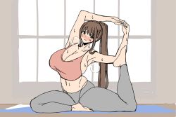Rule 34 | 1girl, breasts, cleavage, huge breasts, large breasts, long hair, musuka (muska), pants, ponytail, smile, stretching, yoga, yoga pants