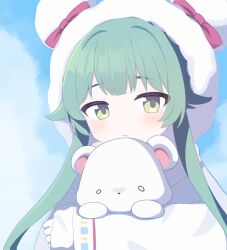Rule 34 | 1girl, absurdres, animal ears, bear ears, blue archive, blue sky, blush, bow, closed mouth, cloud, cloudy sky, coat, commentary request, fur-trimmed coat, fur trim, gloves, green eyes, green hair, hair flaps, hat, hat bow, highres, holding, holding stuffed toy, hood, hooded coat, momiji (blue archive), peso (pesomeren), pom pom (clothes), red bow, sky, solo, stuffed animal, stuffed toy, teddy bear, twintails, white coat, white gloves
