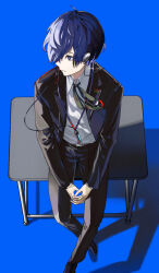 Rule 34 | 1boy, black footwear, black jacket, black pants, black ribbon, blue background, blue eyes, blue hair, closed mouth, collared shirt, desk, dress shirt, foot out of frame, from above, gekkoukan high school uniform, hair over one eye, highres, jacket, long sleeves, male focus, neck ribbon, open clothes, open jacket, ore iuse, pants, persona, persona 3, ribbon, school uniform, shirt, short hair, sitting, solo, white shirt, wing collar, yuuki makoto (persona 3)
