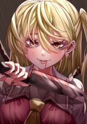 Rule 34 | 1girl, absurdres, ascot, bags under eyes, black nails, blonde hair, blood, blood from mouth, bloody knife, blouse, blush, collared shirt, commentary request, crying, crying with eyes open, drooling blood, ear piercing, earrings, eyebrows, eyebrows hidden by hair, eyelashes, fingernails, flandre scarlet, frilled shirt collar, frills, hair between eyes, heart, heart-shaped pupils, highres, jewelry, knife, lips, looking at viewer, mahoro (minase mahoro), medium hair, nail polish, no headwear, one side up, piercing, rain, red eyes, red vest, shirt, smile, solo, symbol-shaped pupils, tears, touhou, upper body, vest, white shirt, wings, yellow ascot