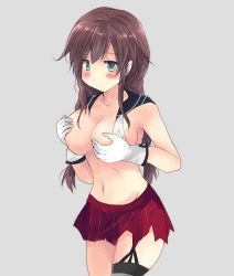 Rule 34 | 1girl, braid, breasts, brown hair, collarbone, covering privates, covering breasts, cowboy shot, embarrassed, garter straps, gloves, green eyes, grey background, hirune (konekonelkk), kantai collection, large breasts, long hair, navel, noshiro (kancolle), pleated skirt, red skirt, sailor collar, sidelocks, simple background, single garter strap, single thighhigh, skirt, solo, thighhighs, topless, torn clothes, torn skirt, twin braids, upper body, white gloves