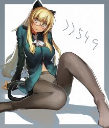 Rule 34 | 1girl, animal ears, bad id, bad pixiv id, blonde hair, breasts, cat ears, cat tail, glasses, kichigai, large breasts, long hair, military, military uniform, panties, panties under pantyhose, pantyhose, perrine h. clostermann, solo, strike witches, tail, underwear, uniform, world witches series, yellow eyes