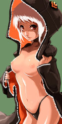 Rule 34 | 1girl, albino, breasts, falcoon, jacket, navel, nipples, no bra, open clothes, open jacket, original, panties, red eyes, simple background, solo, underwear, white hair