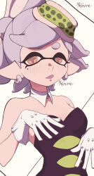 Rule 34 | 1girl, artist name, bare arms, bare shoulders, bow-shaped hair, breasts, detached collar, earrings, food, food on head, gloves, grey hair, half updo, highres, hoop earrings, inkling, jewelry, marie (splatoon), mole, mole under eye, nintendo, object on head, pointy ears, ric e, small breasts, solo, splatoon (series), swept bangs, tentacle hair, upper body, white gloves